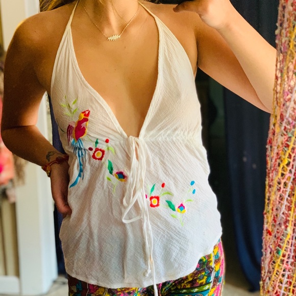Boho gauze white embroidered halter tank small - Picture 4 of 5